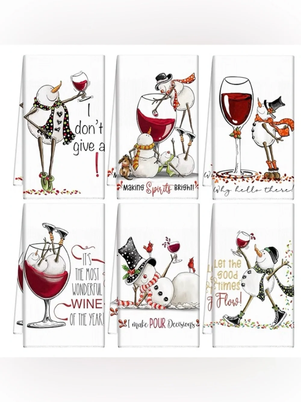 RESERVED 💜 Holiday Snowman Wine Kitchen Towel set -6 towels